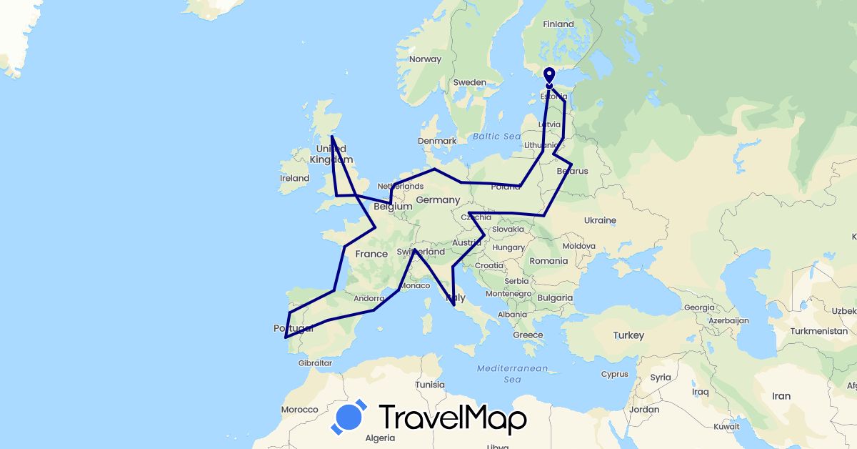 TravelMap itinerary: driving in Austria, Belgium, Belarus, Switzerland, Czech Republic, Germany, Estonia, Spain, France, United Kingdom, Italy, Lithuania, Latvia, Netherlands, Poland, Portugal, Ukraine (Europe)
